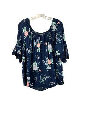Soho New York & Company Floral Top 3/4 Crochet Sleeve Blue/Multi Size Medium